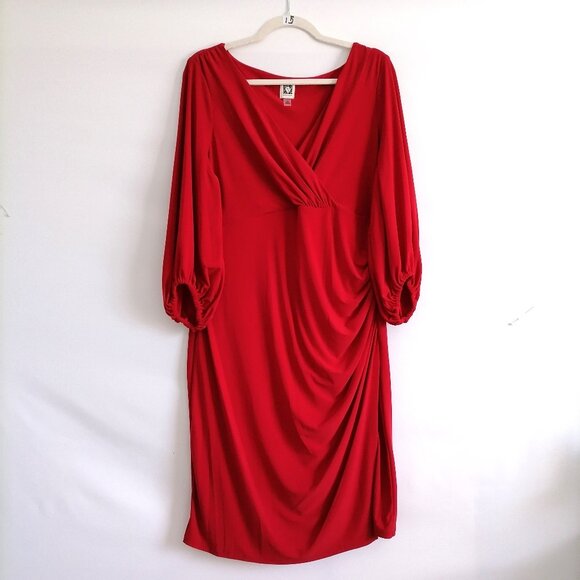 Anne Klein Womens Red Balloon Sleeve Evening Party Ruched Bodycone Dress Size 14 - Picture 1 of 8